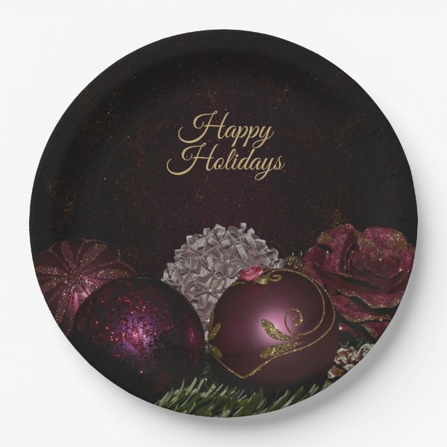 Christmas Party Pink Ornament Green Leaves Black Pappteller (Vorderseite)