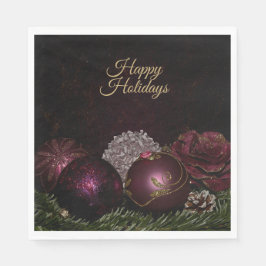 Christmas Party Pink Ornament Green Leaves Black Serviette