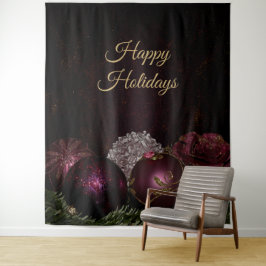 Christmas Party Pink Ornament Green Leaves Black Wandteppich