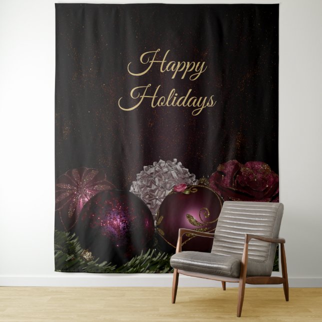 Christmas Party Pink Ornament Green Leaves Black Wandteppich (Beispiel)