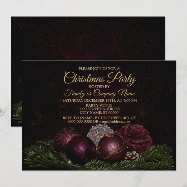 Christmas Party Pink Ornaments Green Leaves Black Einladung (Vorne/Hinten)