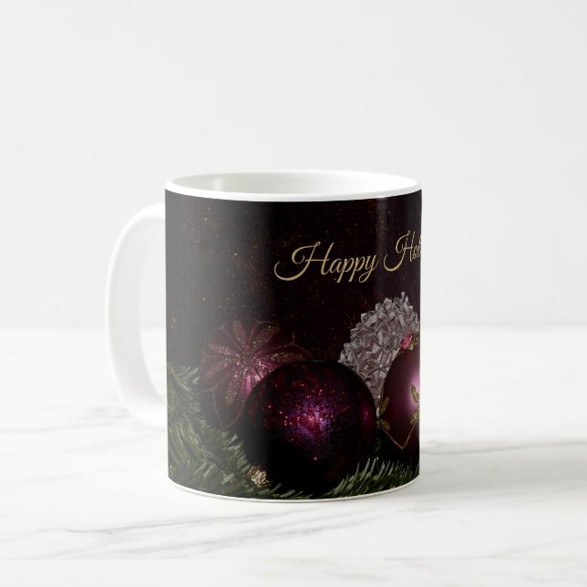 Christmas Party Pink Ornaments Green Leaves Black Kaffeetasse (Vorderseite Links)