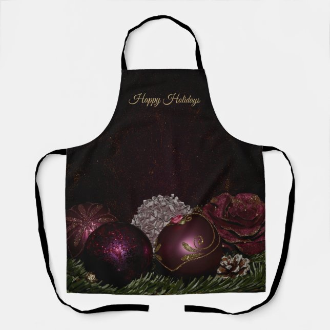 Christmas Party Pink Ornaments Green Leaves Black Schürze (Vorderseite)