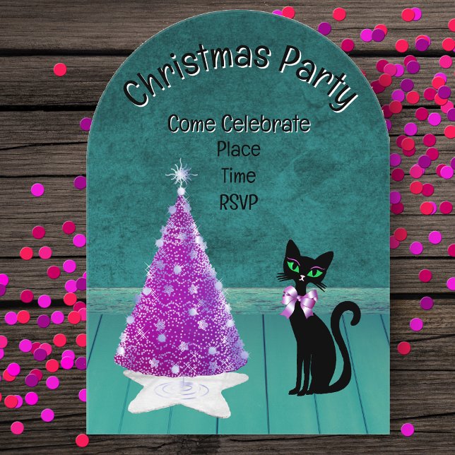 Christmas Party Pink Tree Black Cat Teal Room Acryleinladungen (Pink silver tree star rug black cat with bow in teal room on acrylic Christmas party invitations.)