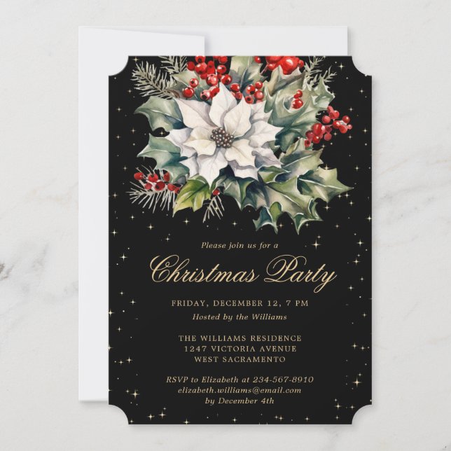 Christmas Party Poinsettia Holly Red Berries Black Einladung (Vorderseite)