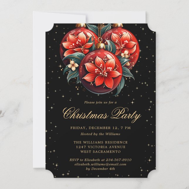 Christmas Party Red Botanical Ornaments Black Einladung (Vorderseite)