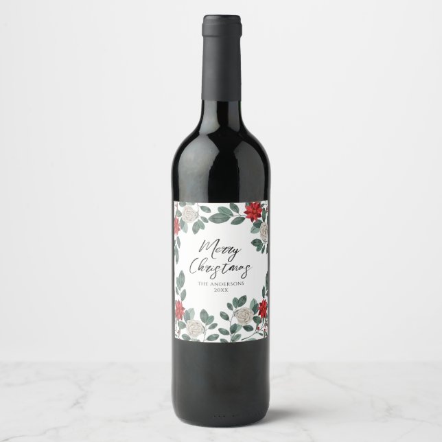 Christmas Party Red Green Floral Weinetikett (Vorderseite)