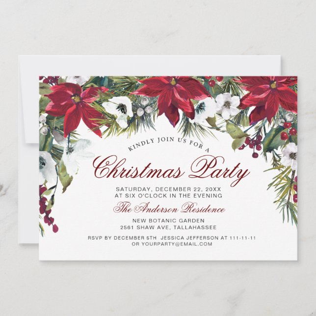 Christmas Party Red Poinsettia Floral Watercolor Einladung (Vorderseite)