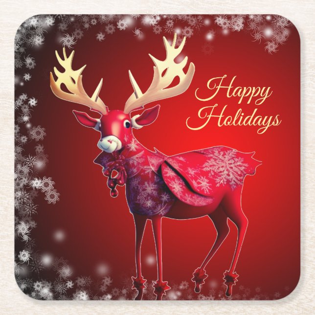 Christmas Party Red Reindeer White Snowflakes Rechteckiger Pappuntersetzer (Vorderseite)