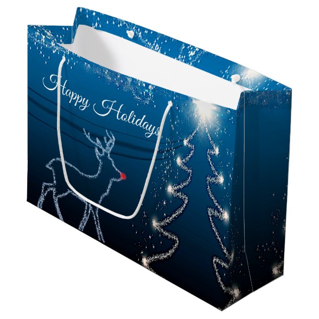 Christmas Party Reindeer Tree Blue Sky Shiny Stars Große Geschenktüte (Vorderseite Schrägansicht)
