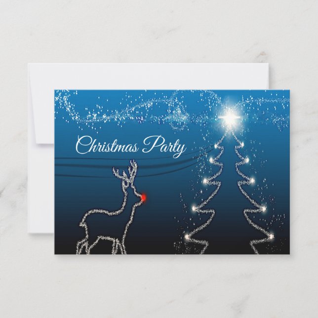 Christmas Party Reindeer Tree Blue Sky Shiny Stars RSVP Karte (Vorderseite)