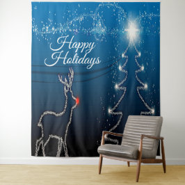 Christmas Party Reindeer Tree Blue Sky Shiny Stars Wandteppich