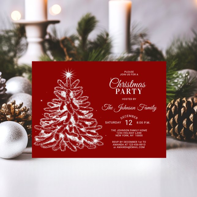 CHRISTMAS PARTY Rote Stars Pine Tree Einladung (CHRISTMAS PARTY Red White Stars Pine Tree Invitation)