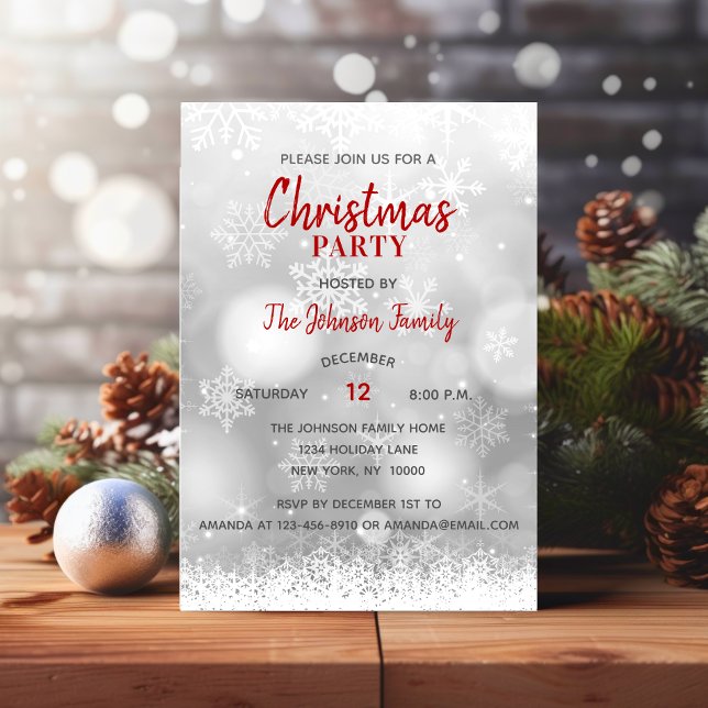 CHRISTMAS PARTY Rotes Silber Schneeflocken Schnee Einladung (CHRISTMAS PARTY Red Silver Snowflakes Snow Invitation)