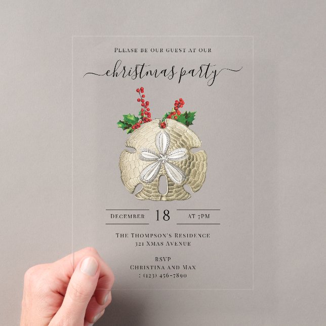 Christmas Party Sand Dollar Holly Berries Coastal  Acryleinladungen (Insitu (Handheld))