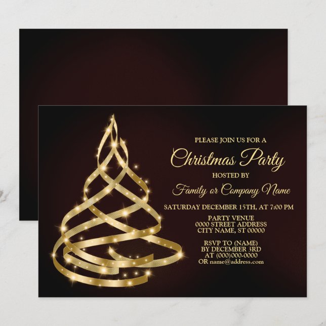 Christmas Party Shiny Golden Ribbon Tree Sparkle Einladung (Vorne/Hinten)