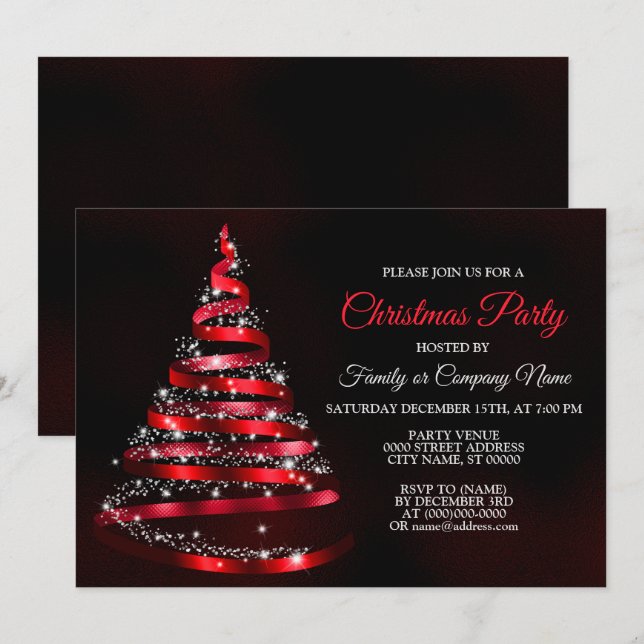 Christmas Party Shiny Red Ribbon Tree Sparkle Einladung (Vorne/Hinten)