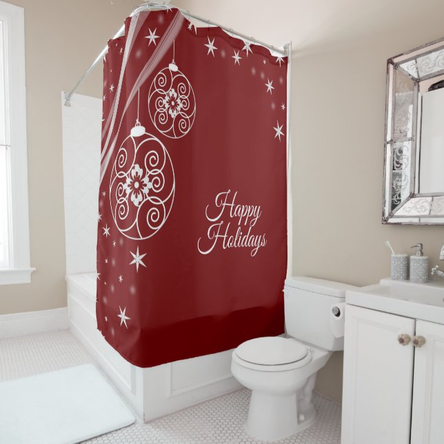 Christmas Party White Ornaments Stars Red Elegant Duschvorhang (Beispiel)