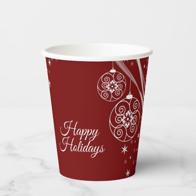 Christmas Party White Ornaments Stars Red Elegant Pappbecher (Vorderseite)