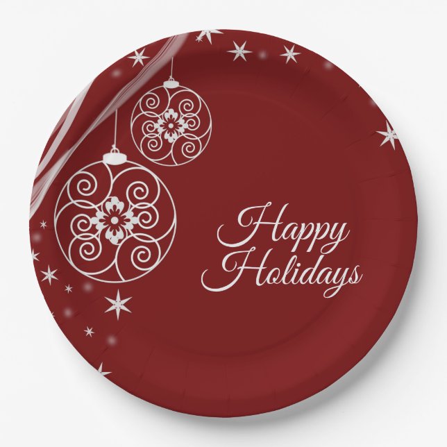 Christmas Party White Ornaments Stars Red Elegant Pappteller (Vorderseite)