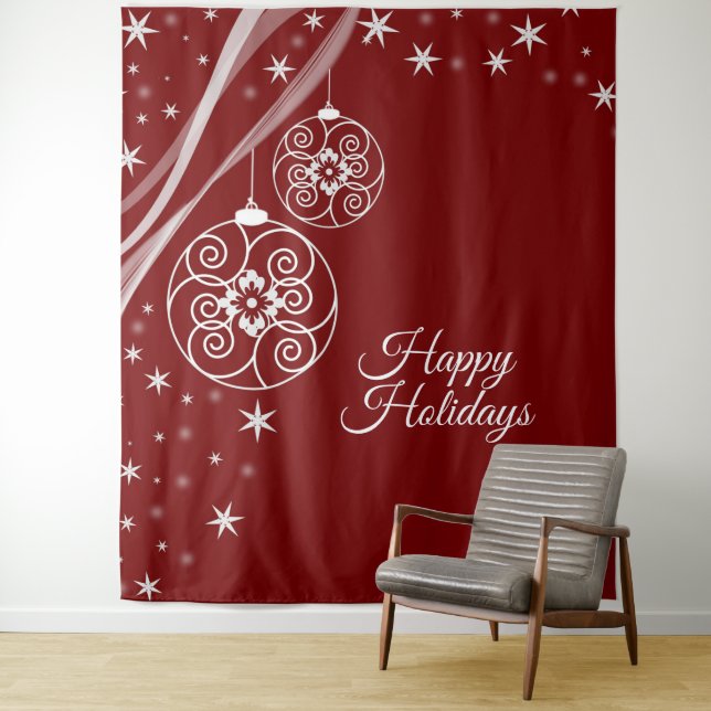 Christmas Party White Ornaments Stars Red Elegant Wandteppich (Beispiel)