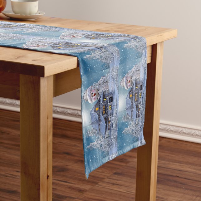 Christmas Party Winter White Snowman Blue Rustic Kurzer Tischläufer (Beispiel)