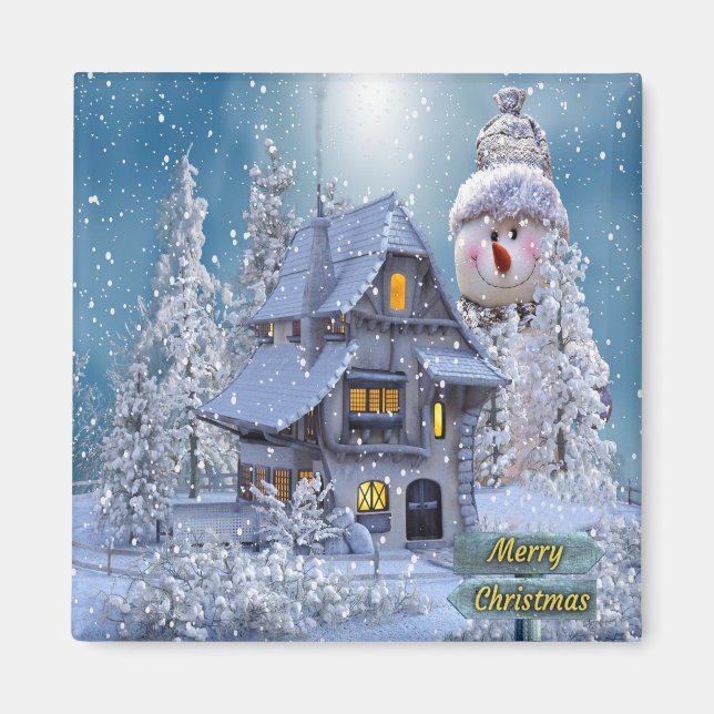 Christmas Party Winter White Snowman Blue Rustic Magnet (Vorne)