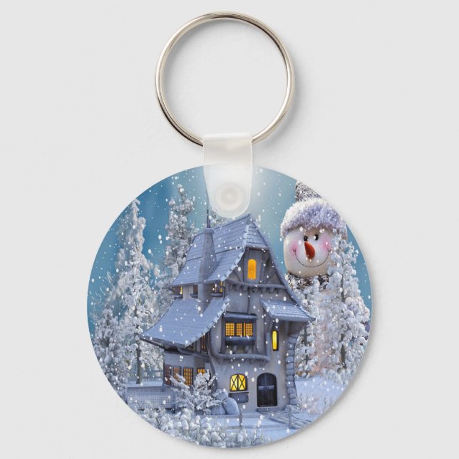 Christmas Party Winter White Snowman Blue Rustic Schlüsselanhänger (Vorderseite)