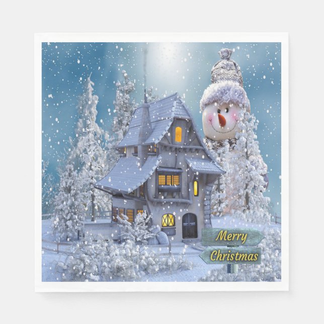 Christmas Party Winter White Snowman Blue Rustic Serviette (Vorderseite)