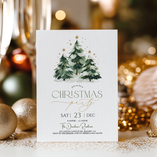 Christmas Party Xmas Tree Green Gold  Einladung (Christmas party invitation featuring cute green and gold Christmas tree and stars. )