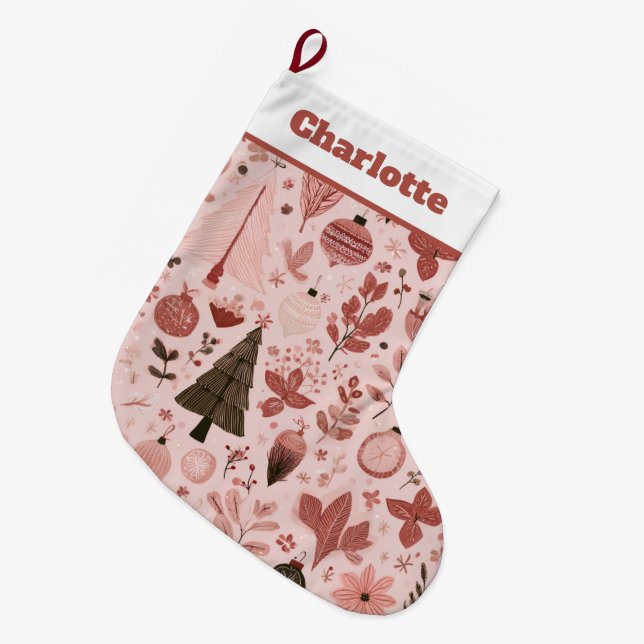 Christmas Pattern Photo | Pink Christmas Stocking Großer Weihnachtsstrumpf (Vorderansicht (hängend))
