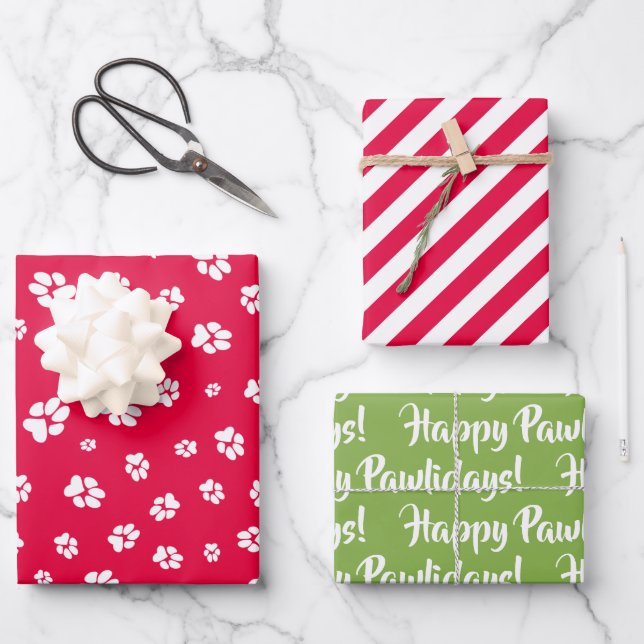 Christmas Paw druckt Pattern Red Happy Pawlidays Geschenkpapier Set (Vorderseite)