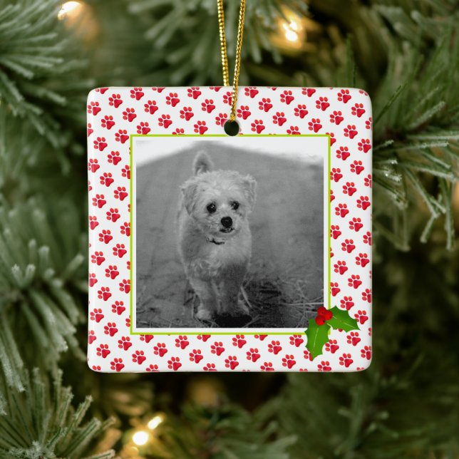 Christmas Paw druckt PET-FOTO Bester Hund je NAME Keramikornament (Baum)