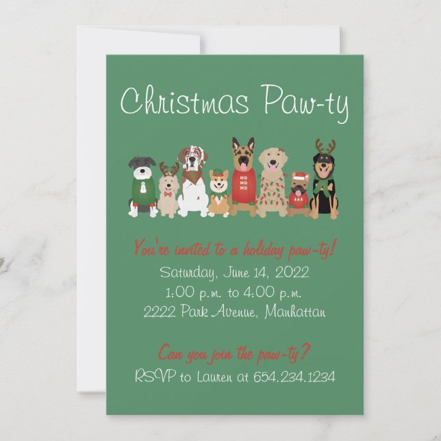 Christmas Pawty Dog Holiday Red Green Einladung (Vorderseite)