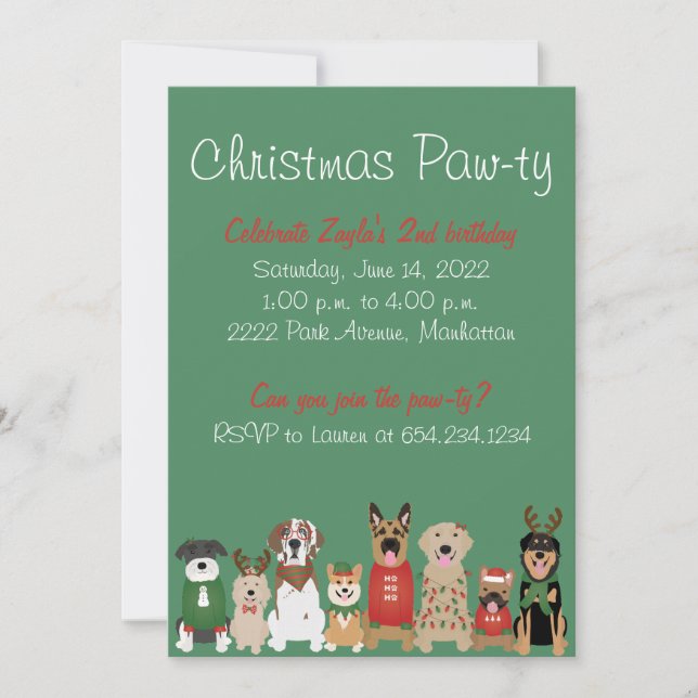 Christmas Pawty Dog Holiday Red Green Einladung (Vorderseite)