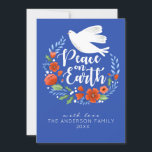 Christmas Peace on Earth Holiday Foto Card Feiertagskarte<br><div class="desc">Pretty Christmas card featuring a dove in Floral Wreath with the words peace on Earth. Christmas card is designed in royal blue,  white and red. Personalize it with your name,  the year and your family foto on the back of the card. Designed for you by Blackberry Boulevard.</div>