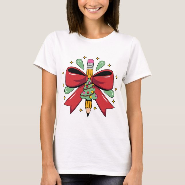 Christmas Pencil with Festive Bow and Tree Design T-Shirt (Vorderseite)
