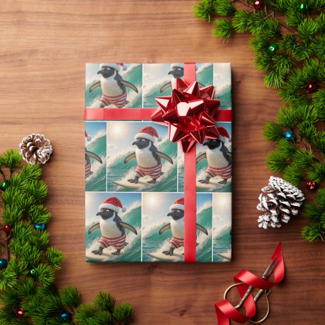 Christmas Penguin Surfing On an Ocean Wave Geschenkpapier (Feiertagsgeschenk)