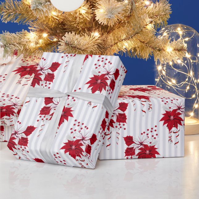Christmas Peppermint | Candy Cane Poinsettia Holly Geschenkpapier (Feiertage)