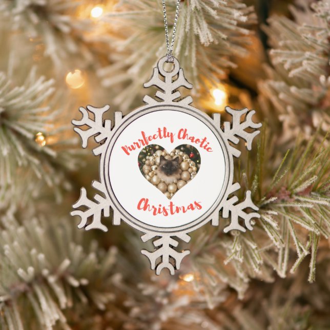 Christmas Personalized Cat Heart Photo Frame Schneeflocken Zinn-Ornament (Baum)