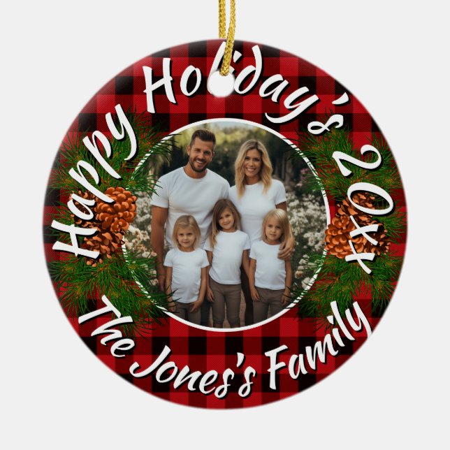 Christmas personalized photo red plaid pinecones keramik ornament (Vorne)