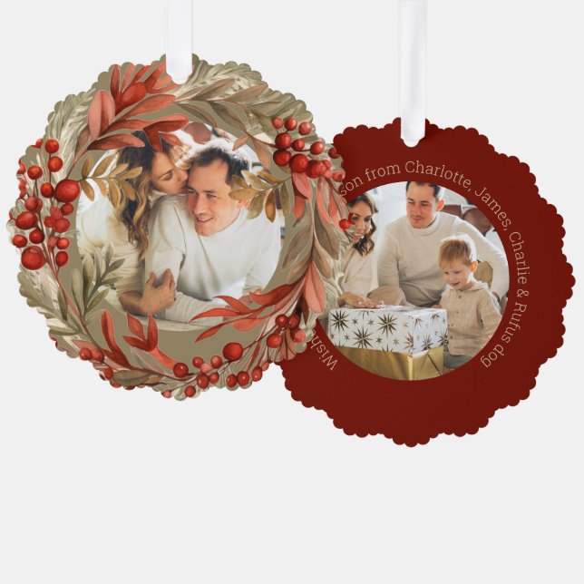 Christmas Personalized Photo Wreath Red Berry Ornament Karte (Vorderseite/Rückseite)
