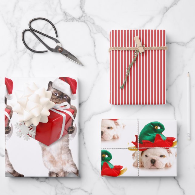 CHRISTMAS PETS Wrapping Paper Flat Sheet Set 3 Geschenkpapier Set (Vorderseite)