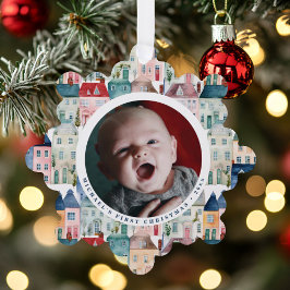 Christmas Photo Blue Festive Houses Holiday  Ornament Karte