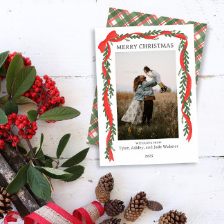Christmas Photo Card - Classic Red Bow & Greenery Feiertagskarte