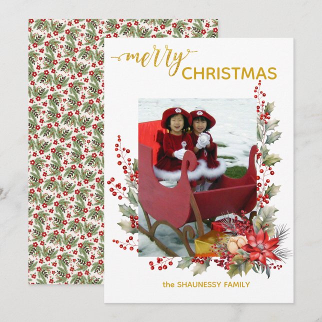 Christmas Photo Card Holly Berries & Pointsettias Dankeskarte (Vorne/Hinten)
