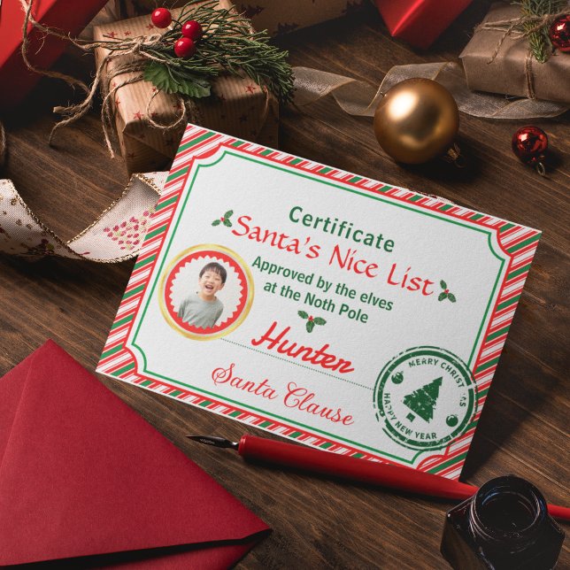 Christmas Photo Certificate Santa Nice List Karte (Von Creator hochgeladen)