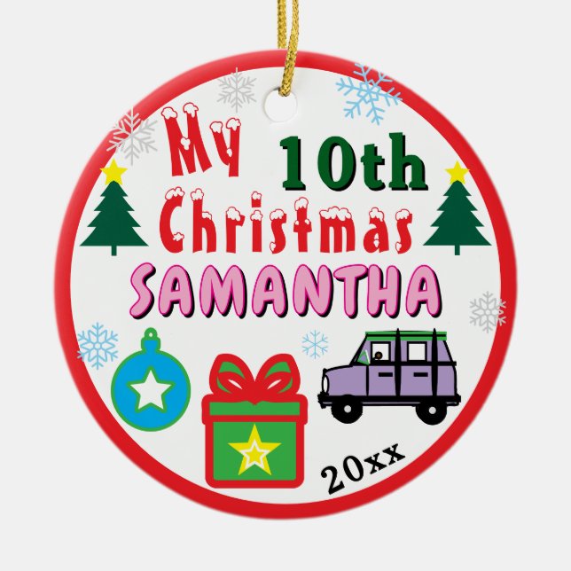 Christmas PHOTO Purple Car Girl Age Keramik Ornament (Vorne)