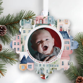 Christmas Photo Red Festive Houses Holiday  Ornament Karte