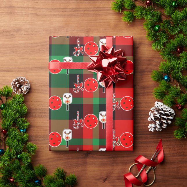 Christmas Pickleball Paddle Joy Red Green Plaid Geschenkpapier (Feiertagsgeschenk)